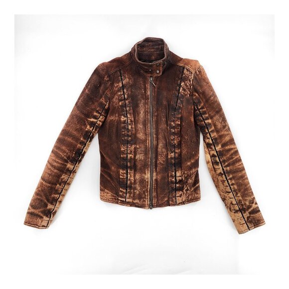 PLEIN SUD Brown Hook & Loop Detail Real Fur Distressed Leather Jacket - Picture 11 of 15